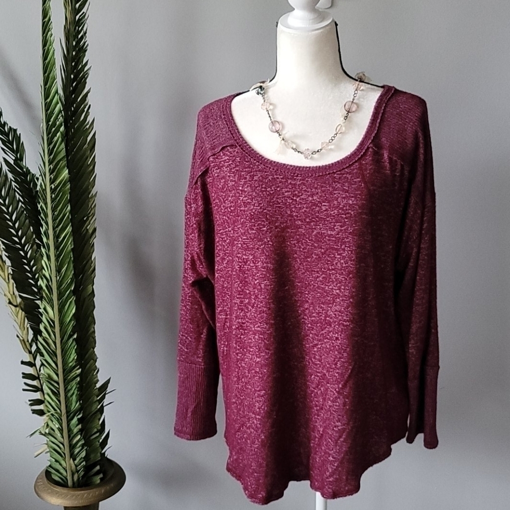 a.n.a heathered maroon long sleeve burn out blouse
